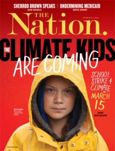 Cover of "The Nation" magazine with image of young girl in yellow rain jacket with the words, "The Climate Kids are Coming"