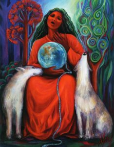 Painting of a seated woman holding the Earth with a pained expression on her face. Two wolves sit on either side of her.