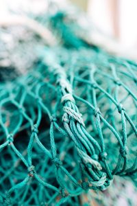 Close-up image of a blue-green fishing net.
