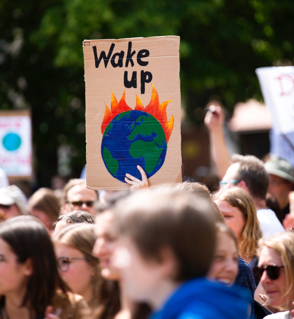 Person in a crowd holding protest sign that says "Wake Up" with an image of the Earth on fire